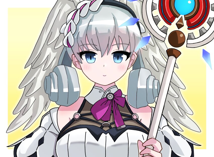 1girl blue_eyes border breasts closed_mouth commentary_request curly_hair denoukuraimakku gradient_background grey_hair hair_between_eyes head_wings highres holding holding_staff large_breasts looking_at_viewer melia_antiqua outside_border smile solo staff straight-on upper_body white_border wings xenoblade_chronicles:_future_connected xenoblade_chronicles_(series) xenoblade_chronicles_1 yellow_background