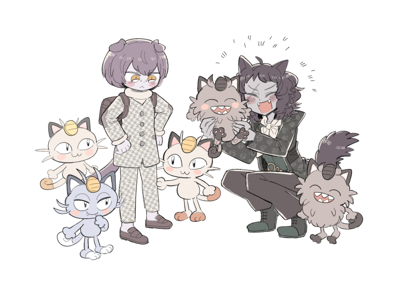 2boys :&lt; :3 ^_^ alolan_form alolan_meowth animal_ears arm_up ascot backpack bag basilio_(metaphor:_refantazio) black_coat black_eyes black_footwear black_pants blush braid brothers brown_footwear brown_fur brown_hair buttons closed_eyes coat coin curled_tail dark-skinned_male dark_skin double-parted_bangs fangs fidelio_(metaphor:_refantazio) full_body galarian_form galarian_meowth gen_1_pokemon gen_7_pokemon gen_8_pokemon green_shirt hair_between_eyes hands_on_own_hips holding holding_pokemon houndstooth kneeling layered_sleeves long_sleeves male_focus meowth metaphor:_refantazio multiple_boys nintendo open_clothes open_coat open_mouth outstretched_arm pants patterned_clothing pokemon pokemon_(creature) scar scar_across_eye scar_on_face sharp_teeth shirt siblings side_braid simple_background single_braid standing teeth turtleneck umainaotofu white_ascot white_background white_shirt yellow_eyes