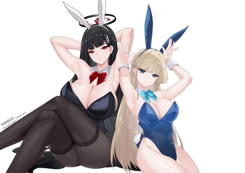 2girls absurdres amai-pai animal_ears black_hair black_leotard black_pantyhose blonde_hair blue_archive blue_bow blue_bowtie blue_eyes blue_leotard bow bowtie breasts cleavage closed_mouth detached_collar fake_animal_ears hair_ornament hairpin halo highres large_breasts leotard long_hair looking_at_viewer medium_breasts multiple_girls official_alternate_costume pantyhose parted_lips playboy_bunny rabbit_ears red_bow red_bowtie red_eyes rio_(blue_archive) simple_background strapless strapless_leotard toki_(blue_archive) toki_(bunny)_(blue_archive) white_background wrist_cuffs