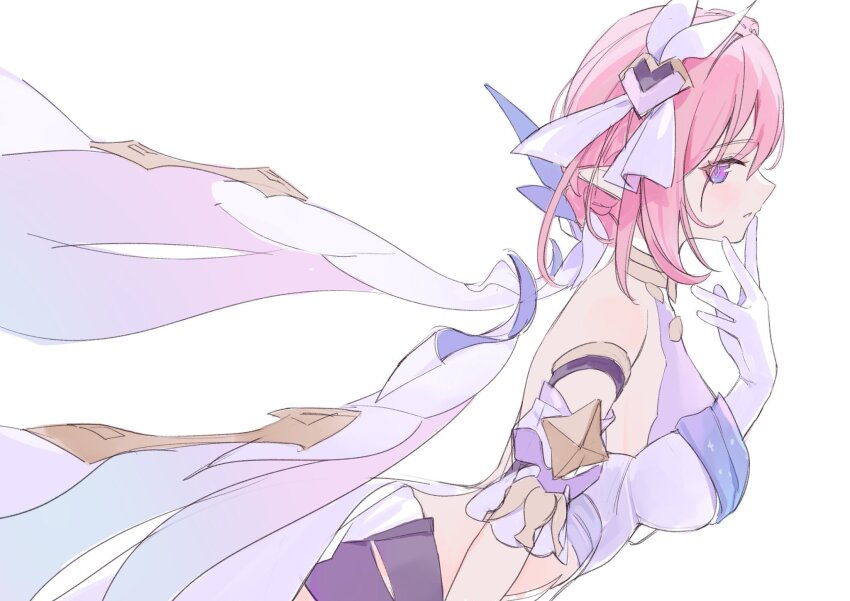 1girl back black_shorts breasts clothing_cutout corset elf elysia_(herrscher_of_human:_ego)_(honkai_impact) elysia_(honkai_impact) from_side gloves hair_ornament highres honkai_(series) honkai_impact_3rd medium_breasts pink_hair pointy_ears purple_eyes roena short_hair short_shorts shorts side_cutout simple_background solo white_background white_corset white_gloves