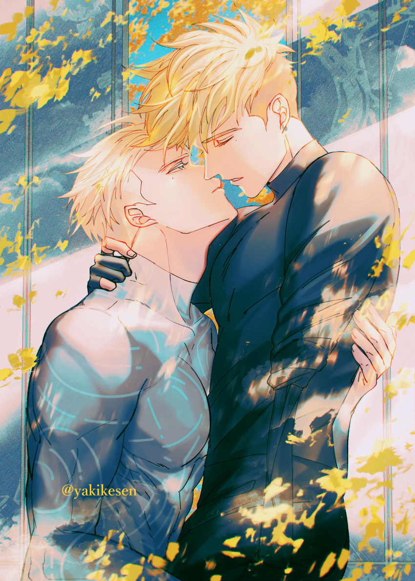 2boys absurdres amputee blonde_hair blue_eyes brothers eyelashes hand_on_another&#039;s_neck highres imminent_kiss incest male_focus millions_knives multiple_boys pectorals short_hair siblings sweater trigun trigun_stampede turtleneck turtleneck_sweater twitter_username upper_body vash_the_stampede yakikesen yaoi