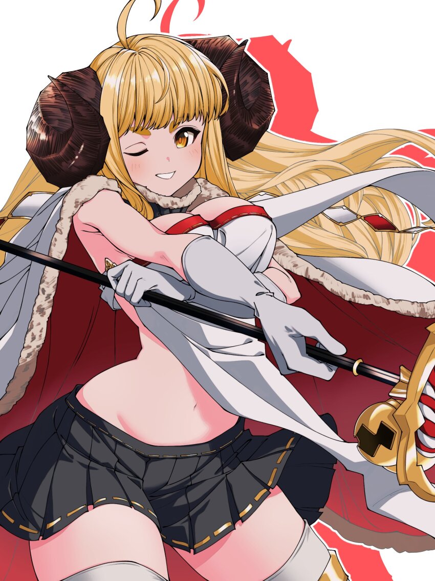 1girl absurdres ahoge anila_(granblue_fantasy) blonde_hair blush breasts cape draph fur-trimmed_cape fur_trim gloves granblue_fantasy grin highres holding holding_polearm holding_weapon horns isme large_breasts long_hair looking_at_viewer one_eye_closed orange_eyes pleated_skirt polearm sheep_horns skirt smile solo thighhighs thighs very_long_hair weapon zettai_ryouiki