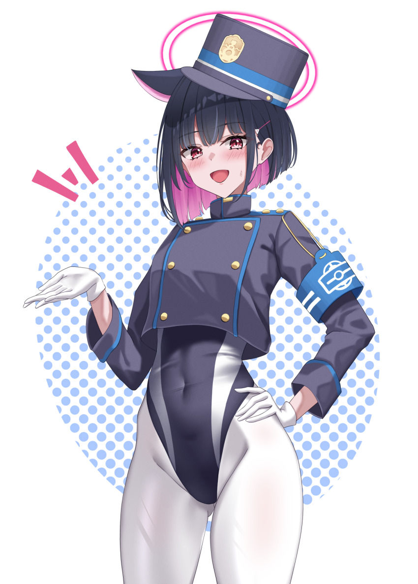1girl animal_ears armband black_hair black_jacket black_one-piece_swimsuit blue_archive blue_armband buttons cat_ears colored_inner_animal_ears colored_inner_hair commentary_request competition_swimsuit cosplay covered_navel double-breasted extra_ears gloves halo hat hibika highleg highleg_one-piece_swimsuit highres hikari_(blue_archive) hikari_(blue_archive)_(cosplay) jacket kazusa_(blue_archive) looking_at_viewer multicolored_hair nozomi_(blue_archive) nozomi_(blue_archive)_(cosplay) one-piece_swimsuit pantyhose pantyhose_under_swimsuit peaked_cap pink_hair pink_halo short_hair smile solo swimsuit swimsuit_under_clothes train_conductor two-tone_hair two-tone_swimsuit white_gloves white_pantyhose