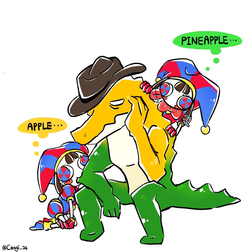 1boy 1girl asymmetrical_gloves blue_eyes blush_stickers brown_hair colored_skin colored_speech_bubble cowboy_hat crocodile_boy czagi_24 gloves gummigoo hat hat_bell highres jester jester_cap jester_costume licking multicolored_clothes multicolored_eyes pomni_(the_amazing_digital_circus) puffy_sleeves red_eyes red_gloves sitting speech_bubble striped_clothes striped_headwear the_amazing_digital_circus thought_bubble two-tone_eyes white_skin