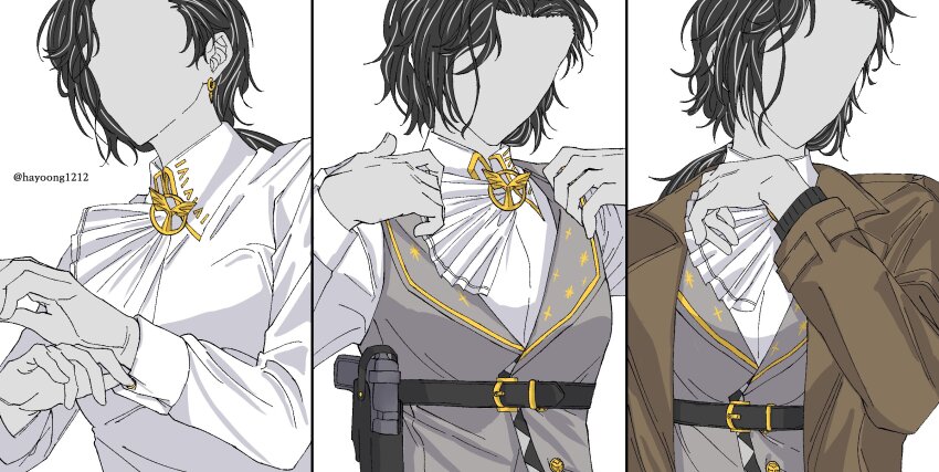 1girl adjusting_clothes ascot black_hair collared_shirt dressing faceless faceless_female greta_hofmann grey_vest gun hand_up handgun hands_up highres holster low_ponytail medium_hair multiple_views panda_critter ponytail reverse:1999 shirt triptych_(art) upper_body vest waistcoat weapon white_ascot white_background white_shirt