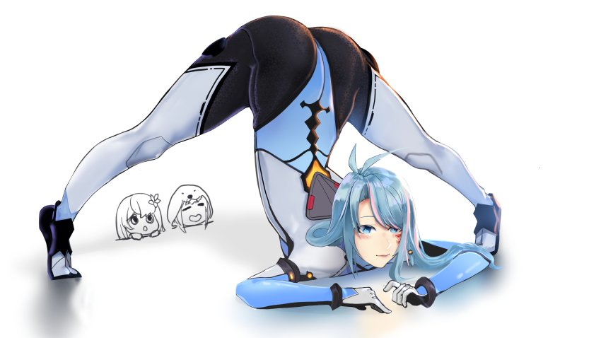 3girls absurdres anobaith ass azura_cecillia blue_eyes blue_hair blush diamond_print facial_tattoo hana_macchia hexagon_print highres jack-o&#039;_challenge long_hair miyu_ottavia multicolored_hair multiple_girls nijisanji nijisanji_id pilot_suit pink_hair smile solo_focus streaked_hair tattoo top-down_bottom-up virtual_youtuber white_background