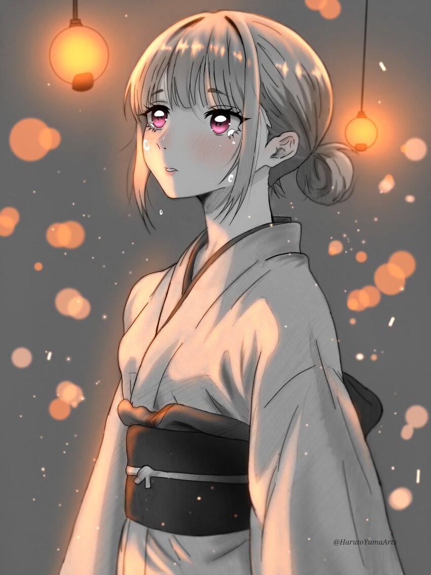 1girl ao_no_hako artist_name chouno_hina commentary_request double_bun grey_background hair_bun harutoyumaarts highres japanese_clothes kimono light_particles obi parted_lips partially_colored pink_eyes sash sidelocks solo twitter_username upper_body yukata