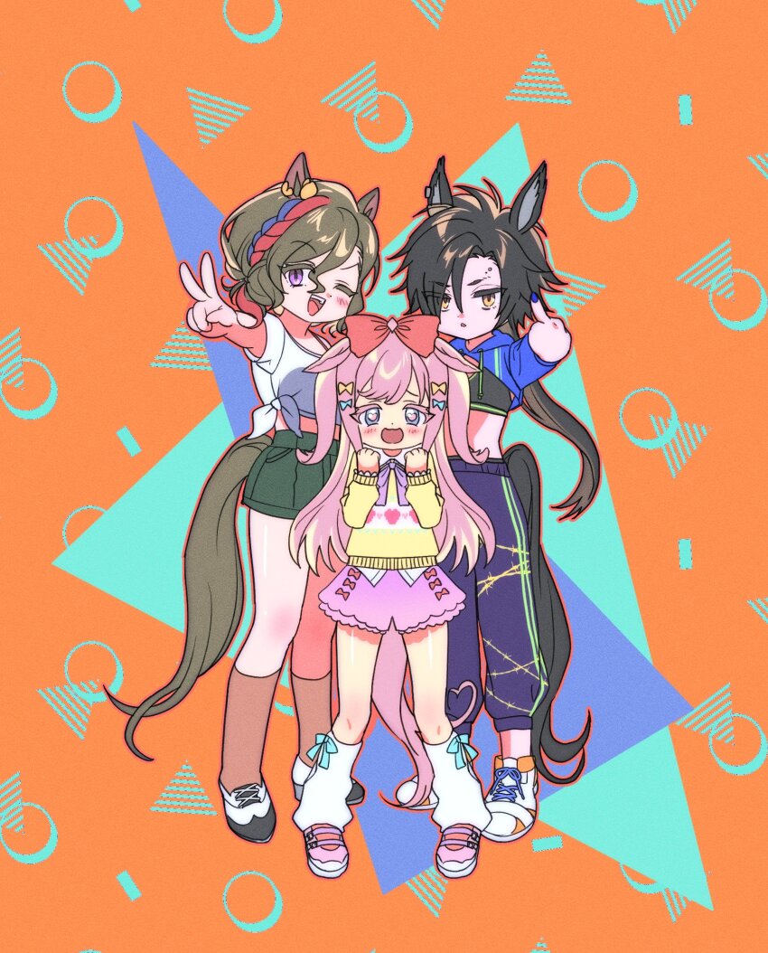 3girls :o agnes_digital_(umamusume) air_shakur_(umamusume) alternate_costume animal_ears black_hair black_shorts blush bow brown_hair casual clenched_hands crop_top ears_down eyebrow_piercing full_body hair_bow heart heart-shaped_pupils highres horse_ears horse_girl horse_tail long_hair long_sleeves looking_at_viewer loose_socks middle_finger multicolored_hair multiple_girls one_eye_closed open_mouth outstretched_arm pants piercing pink_hair pink_shoes pink_shorts purple_pants shirt shoes short_hair short_sleeves shorts shrug_(clothing) smile socks solo standing streaked_hair sweater sweatpants symbol-shaped_pupils tail tap_dance_city_(umamusume) tied_shirt uma_ozisan umamusume v white_shirt white_shorts white_socks yellow_eyes yellow_sweater