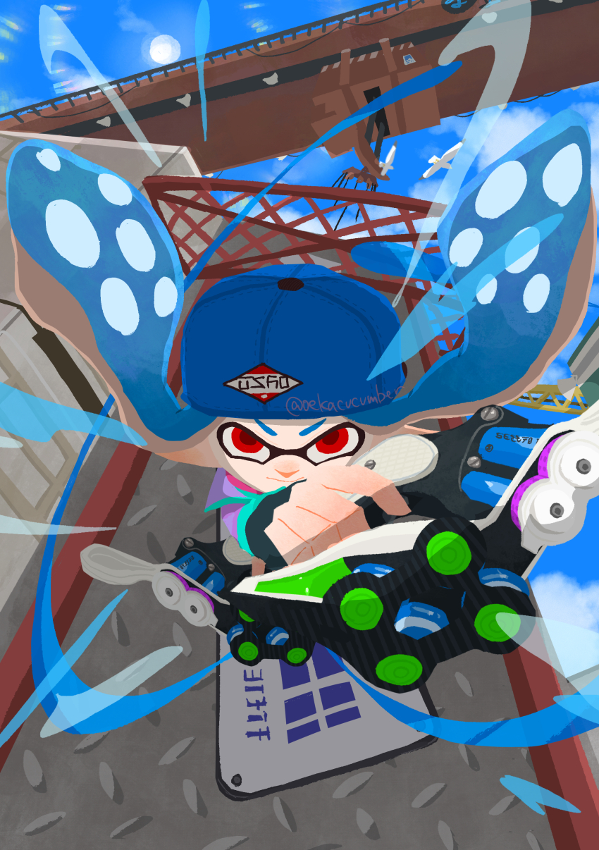 1girl absurdres baseball_cap bird blue_hair blue_hat closed_mouth commentary_request dual_wielding gun hat highres holding holding_gun holding_weapon in-universe_location inkling inkling_girl inkling_player_character long_hair nintendo oekacucumber outdoors pointy_ears red_eyes seagull solo splatoon_(series) splatoon_3 tentacle_hair tetra_dualies_(splatoon) weapon