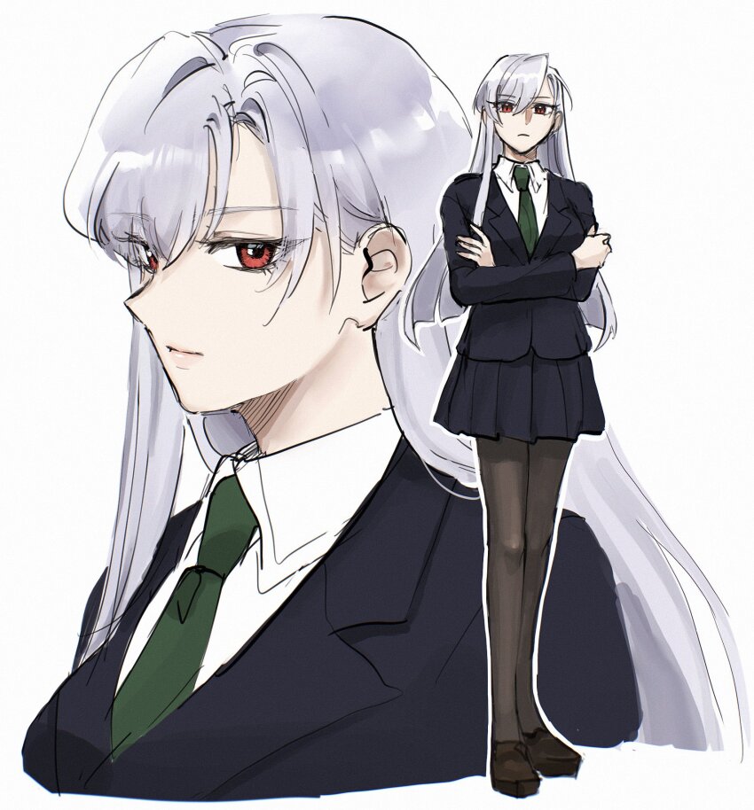 1girl black_jacket black_skirt blazer breasts brown_pantyhose brown_shoes closed_mouth collared_shirt commentary_request cropped_torso crossed_arms eiai_nano full_body green_necktie highres jacket kimi_no_koto_ga_dai_dai_dai_dai_daisuki_na_100-nin_no_kanojo loafers long_hair long_sleeves looking_at_viewer medium_breasts multiple_views necktie ohananomitsu_high_school_uniform ozaki_(tsukiko3) pantyhose pleated_skirt red_eyes school_uniform shirt shoes simple_background skirt white_background white_hair white_shirt