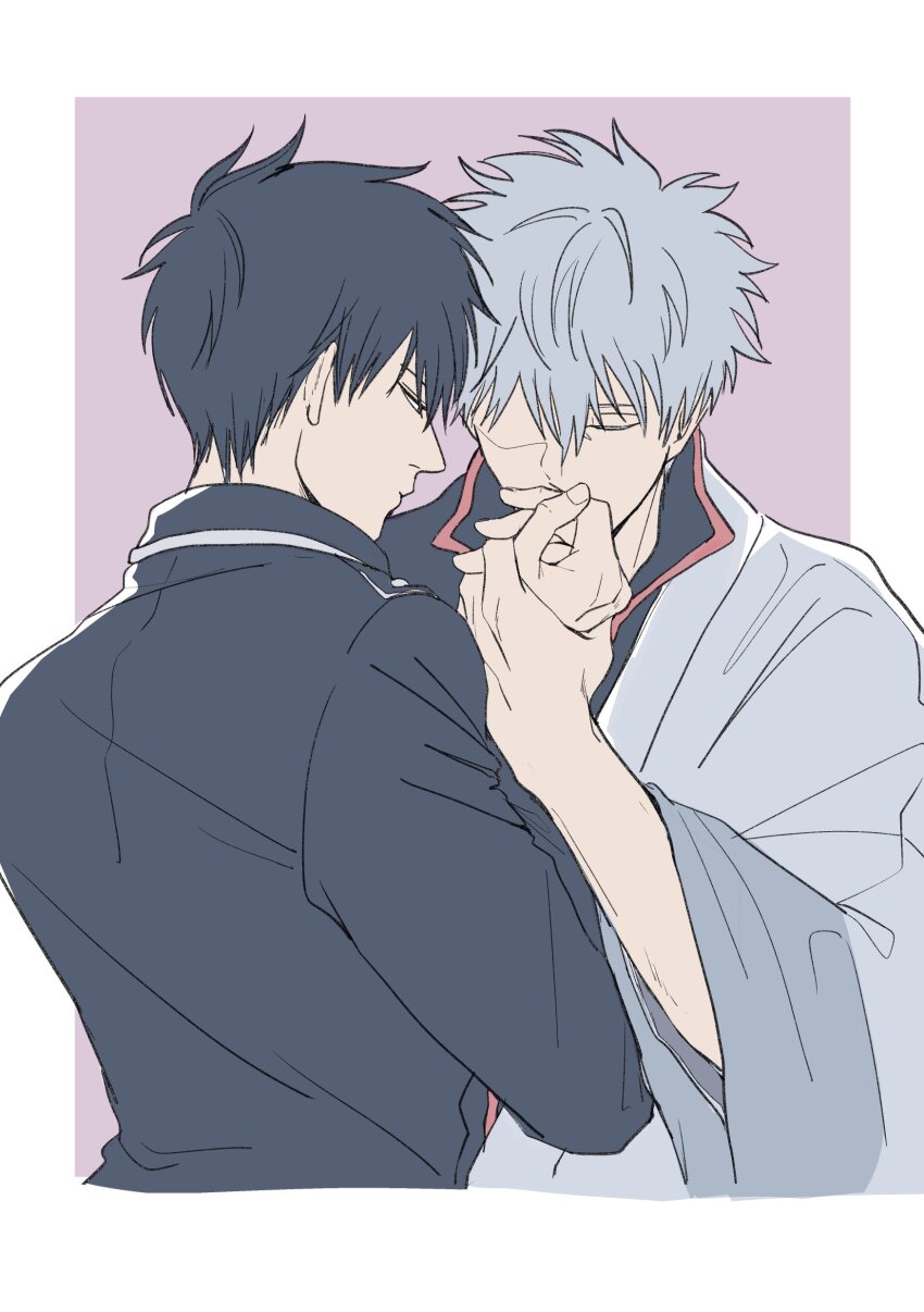 2boys absurdres black_jacket black_shirt closed_eyes closed_mouth collared_shirt commentary_request cropped_torso ghqjyu gintama grey_hair highres hijikata_toushirou holding_hands jacket japanese_clothes kimono kiss kissing_hand long_sleeves looking_at_another male_focus multiple_boys red_trim sakata_gintoki shirt white_kimono wide_sleeves yaoi yukata