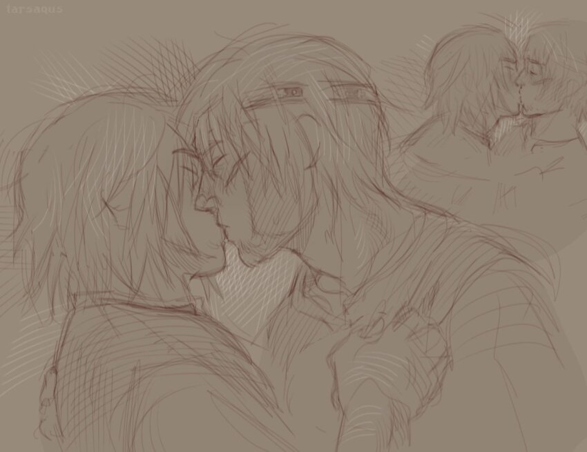 2boys artist_name canute closed_eyes facial_scar headband king kiss male_focus monochrome multiple_boys scar scar_on_cheek scar_on_face short_hair sketch tarsaqus thorfinn upper_body viking vinland_saga yaoi