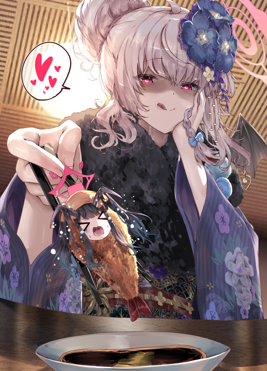 &gt;o&lt; 2girls absurdres black_hair blue_archive braid chopsticks demon_horns demon_wings evil_smile flower food fried_hoshino_(meme) fur_trim fuuka_(blue_archive) hair_between_eyes hair_bun hair_flower hair_ornament hand_on_own_cheek hand_on_own_face haruna_(blue_archive) haruna_(new_year)_(blue_archive) heart heart-shaped_pupils highres holding holding_chopsticks horns japanese_clothes kimono licking_lips meme multicolored_sash multiple_girls nervous purple_kimono screaming shaded_face shrimp shrimp_tempura smile soy_sauce sunnysideup symbol-shaped_pupils tempura tongue tongue_out white_hair wings
