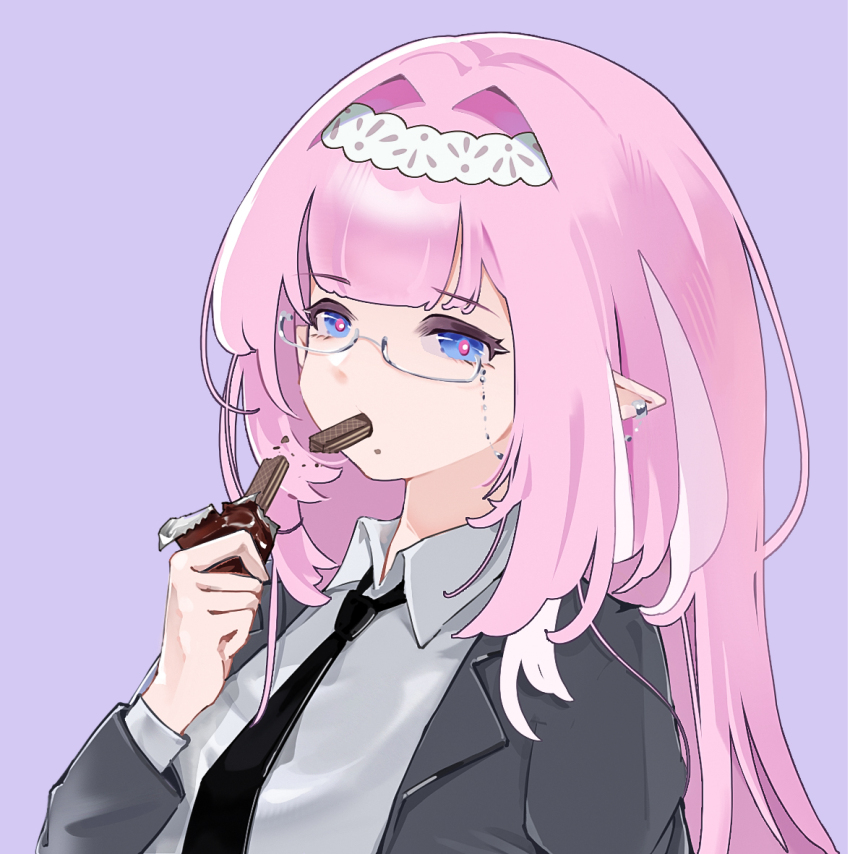 1girl black_jacket black_necktie blue_eyes elysia_(honkai_impact) food food_in_mouth hair_intakes hairband honkai_(series) honkai_impact_3rd jacket long_hair long_sleeves looking_at_viewer mouth_hold necktie open_clothes open_jacket pink_hair purple_background shirt simple_background solo thoyadoggy upper_body wafer white_hairband white_shirt