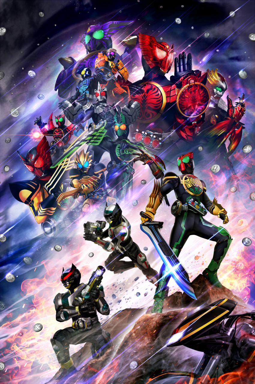 6+boys absurdres ankh_(ooo) arbok armor armored_boots belt bird bird_wings black_bodysuit black_gloves blank_eyes blastoise blood blue_eyes blue_theme bodysuit boots border bug burakawani_(ooo_combo) cape claw_pose claws clenched_hands commentary_request compound_eyes core_medal cowboy_shot dark electricity everyone fangs fire full_body fur_trim gen_1_pokemon gloves glowing glowing_eyes grasshopper green_eyes green_footwear grey_footwear hand_up hands_up hawk head_wings helmet highres holding holding_weapon insect kamen_rider kamen_rider_birth kamen_rider_ooo kamen_rider_ooo_(series) knee_pads leaning_forward lion male_focus mask masukudo_(hamamoto_hikaru) mechanical_wings medal motor_vehicle motorcycle multiple_boys multiple_wings o_medal photoshop_(medium) pointy_footwear pokemon power_fist purple_cape putotyra_(ooo_combo) ratoratah_(ooo_combo) red_headwear red_wings ridevendor rock sagohzo_(ooo_combo) shauta_(ooo_combo) shell shield shoulder_armor spikes spread_legs standing super_tatoba_(ooo_combo) sword tail taja_spinner tajador_(ooo_combo) tamashii_(ooo_combo) tatoba_(ooo_combo) tiger tokusatsu vambraces weapon whip wings yellow_gloves