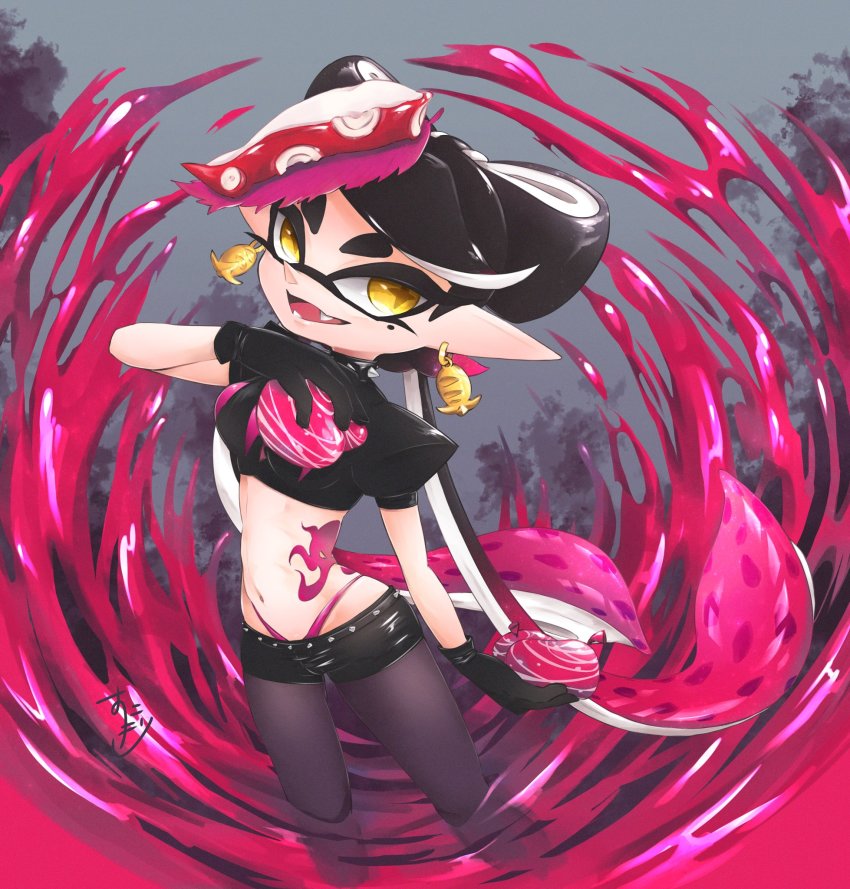 +_+ 1girl artist_name belt black_belt black_choker black_gloves black_pantyhose black_shirt black_shorts burst_bomb_(splatoon) callie_(octo_idol_outfit)_(splatoon) callie_(splatoon) choker crop_top earrings fangs food food_art food_on_head gloves highleg highleg_panties highres holding holding_weapon inkling jewelry long_hair looking_at_viewer lowleg lowleg_shorts midriff mole mole_under_eye navel nintendo object_on_head okome_2g2g open_mouth paint_splatter panties pantyhose pantyhose_under_shorts pointy_ears puffy_short_sleeves puffy_sleeves purple_panties shirt short_shorts short_sleeves shorts signature smile solo spiked_belt spiked_choker spikes splatoon_(series) splatoon_2 standing stomach_tattoo sushi swept_bangs tako-san_wiener tattoo tentacle_hair underwear very_long_hair weapon yellow_eyes