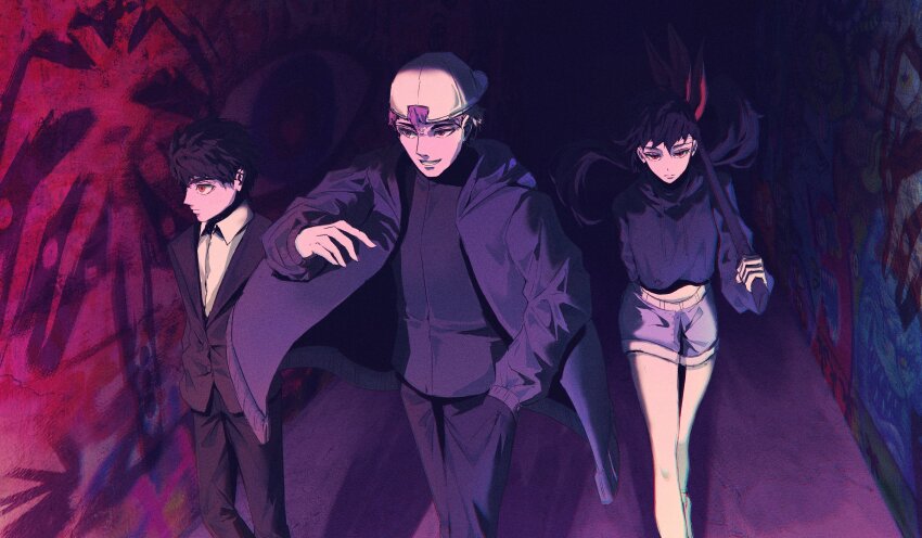 1girl 2boys absurdres black_hair black_jacket black_pants black_shirt blonde_hair breasts crop_top eyeshadow formal_clothes graffiti ha_yuri_zahard hat highres holding holding_weapon jacket kapxapius long_hair long_sleeves looking_at_another makeup multiple_boys original pants ponytail red_eyeshadow red_ribbon ribbon shirt short_hair shorts smile suit teeth tower_of_god twenty-fifth_bam urek_mazino walking weapon white_hat white_shirt