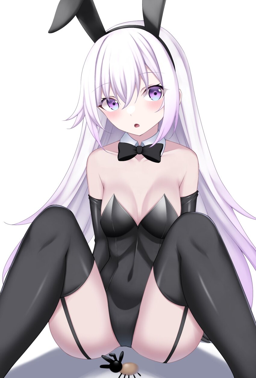 .live 1girl animal_ears ant blush breasts bug carro_pino cleavage closed_mouth collarbone commentary_request covered_navel detached_sleeves fake_animal_ears headband highres holiday_sakawa insect leotard long_hair looking_at_viewer open_mouth playboy_bunny purple_eyes purple_hair ribbon simple_background sitting small_breasts solo thighhighs virtual_youtuber white_background