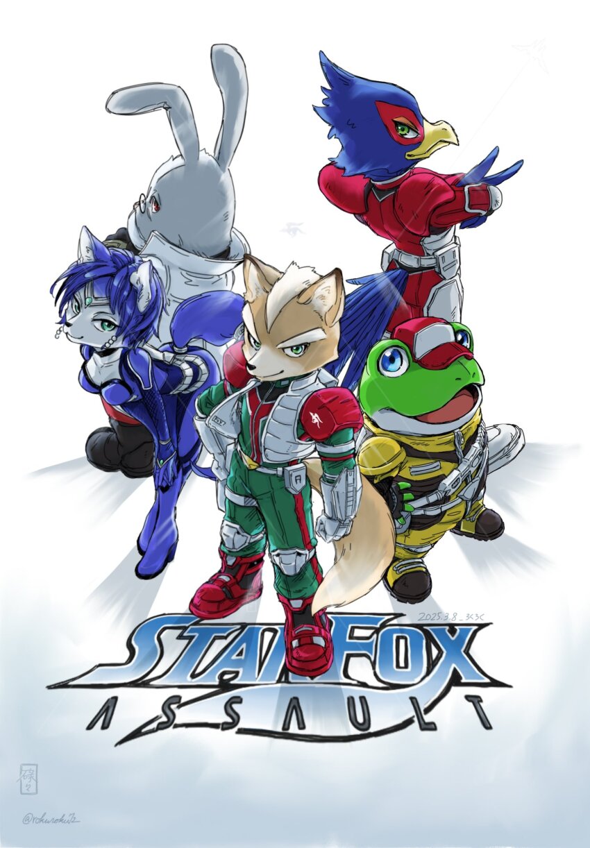 1girl 4boys animal_ears animal_nose blue_fur blue_hair body_fur breasts falco_lombardi fox_ears fox_girl fox_mccloud frog_boy furry furry_female green_eyes happy highres krystal looking_at_viewer multiple_boys nintendo open_mouth peppy_hare rokuroku72 slippy_toad smile star_fox star_fox_assault tail two-tone_fur white_fur