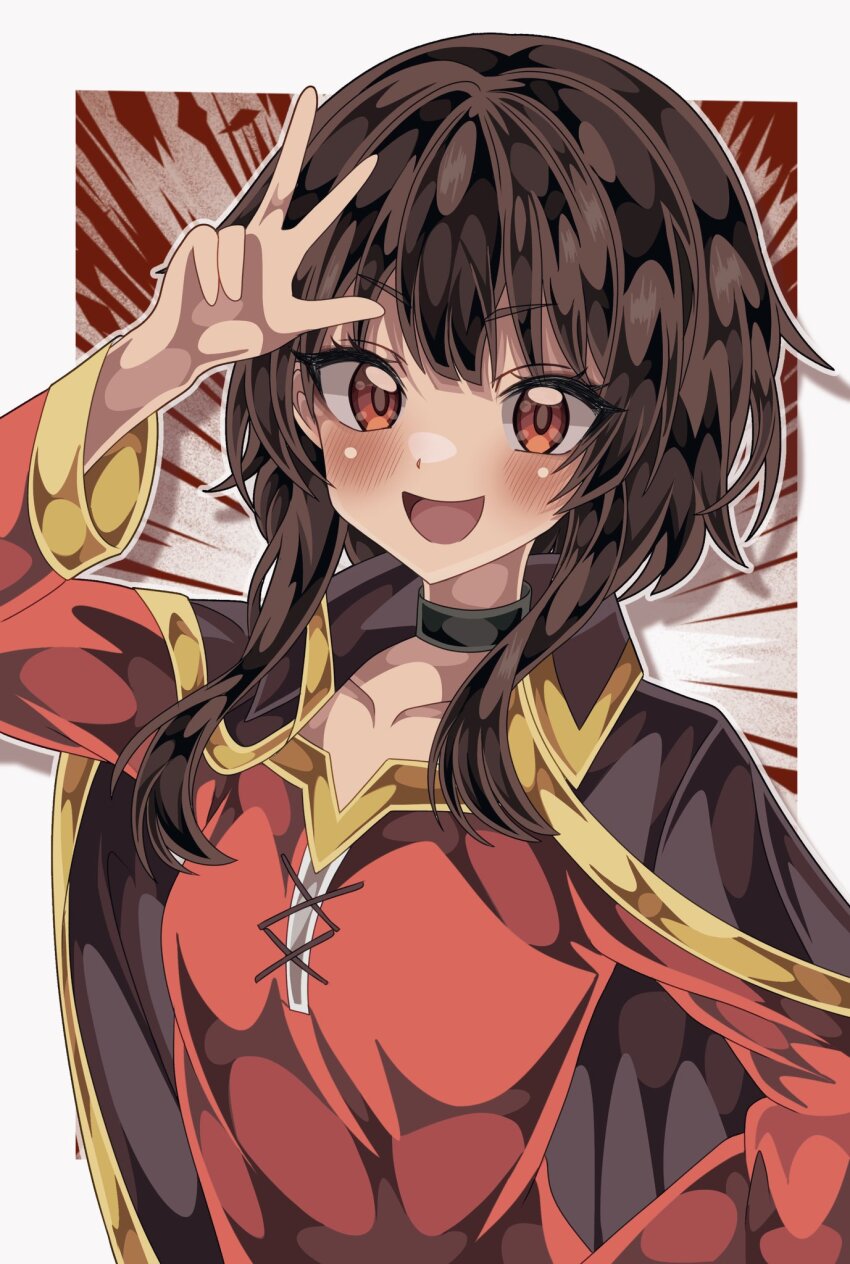 1girl :d black_cape blush border breasts brown_hair cape collarbone commentary dress hand_on_own_hip hand_up highres kono_subarashii_sekai_ni_shukufuku_wo! long_sleeves looking_at_viewer megumin open_mouth outline outside_border red_background red_dress red_eyes shiki_(kisikisi1007) short_hair short_hair_with_long_locks sidelocks small_breasts smile solo sunburst sunburst_background upper_body w w_over_face white_background white_border white_outline
