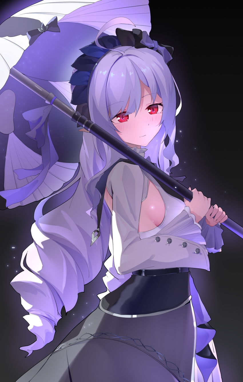 1girl a_maple absurdres ahoge ascot black_background bow bowtie cowboy_shot drill_hair hairband highres holding holding_umbrella long_hair looking_at_viewer mole pointy_ears purple_ascot purple_bow purple_bowtie purple_hair purple_hairband purple_umbrella red_eyes shrug_(clothing) sideboob_cutout smile twin_drills umbrella vivian_banshee white_shrug zenless_zone_zero
