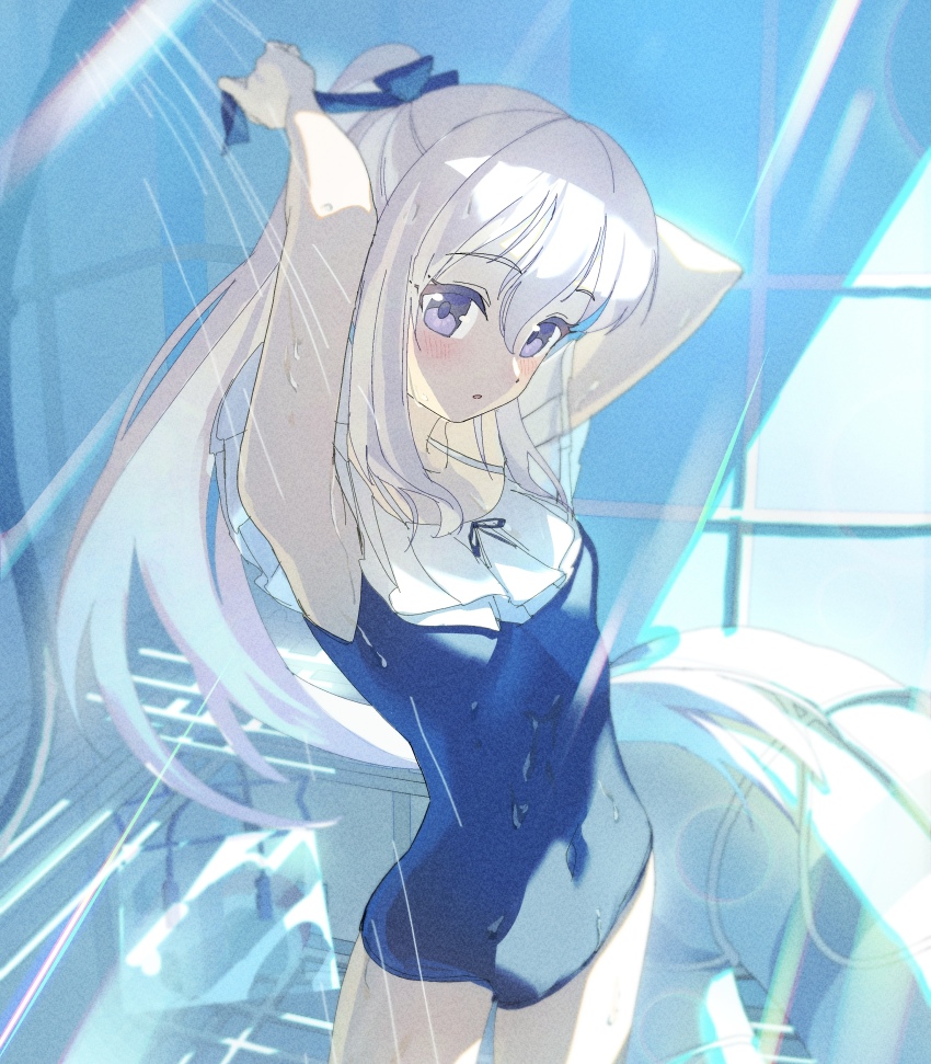 1girl absurdres armpits arms_up bag blue_archive blue_one-piece_swimsuit blue_ribbon blush commentary covered_navel hair_ribbon highres indoors innertube jdge long_hair looking_at_viewer miyako_(blue_archive) miyako_(swimsuit)_(blue_archive) one-piece_swimsuit open_mouth ponytail purple_eyes ribbon showering solo swim_ring swimsuit tile_wall tiles water white_hair