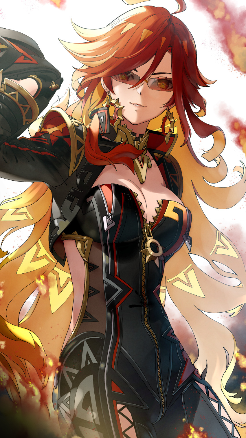 1girl absurdres ahoge black_bodysuit black_gloves blonde_hair bodysuit breasts cleavage cowboy_shot earrings genshin_impact gloves hair_between_eyes highres jewelry large_breasts long_hair long_sleeves looking_at_viewer mavuika_(genshin_impact) multicolored_hair parted_lips partially_unzipped red_hair rimless_eyewear solo standing sunglasses tarokazu two-tone_hair very_long_hair
