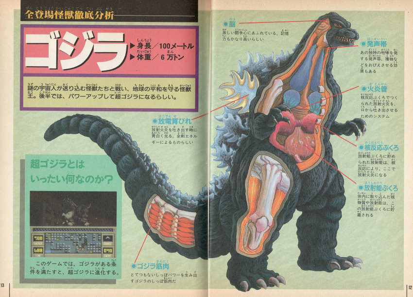 advance_communication_company anatomy artist_request biology bone brain chart claws cross-section diagram dinosaur godzilla godzilla_(series) heart highres intestines japanese_text kaiju lungs muscular muscular_male no_humans official_art organs science science_fiction sea_monster sharp_teeth shoulder_spikes skeleton spikes stomach super_godzilla super_godzilla_(character) tail teeth toho translation_request veins x-ray