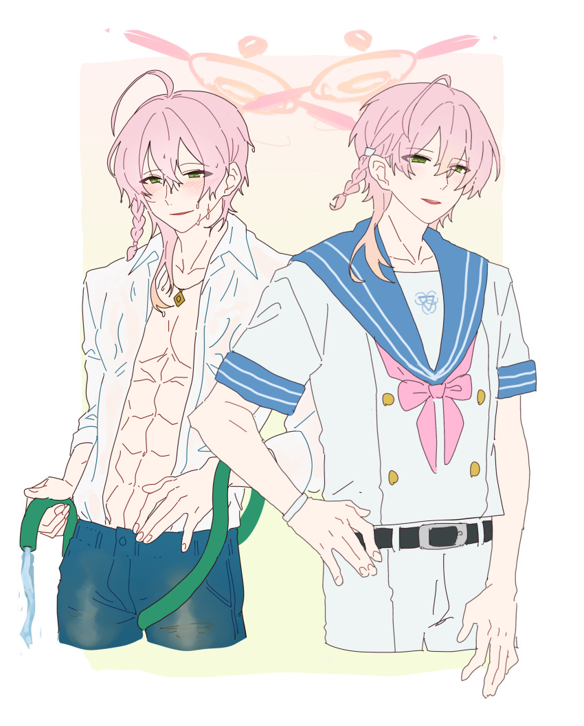 1boy abs absurdres ahoge belt black_belt blue_archive blue_sailor_collar blush bracelet braid buttons double-breasted genderswap genderswap_(ftm) green_eyes halo hanako_(blue_archive) hanako_(swimsuit)_(blue_archive) highres holding holding_hose hose jewelry male_focus medium_hair neckerchief necklace open_mouth pants pink_hair pink_neckerchief sailor_collar school_uniform senta_(ysk_0218) serafuku shirt short_sleeves side_braid smile trinity_general_school_logo wet wet_clothes wet_shirt white_pants white_shirt