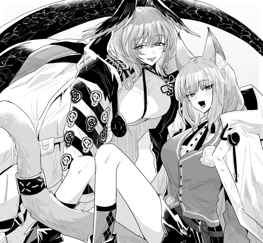 2girls animal_ear_fluff animal_ears arknights badge breasts buttons cardigan cat_ears cat_girl cat_tail center_frills coat collared_shirt dress fangs feet_out_of_frame frills harmonie_(arknights) head_wings highres ho&#039;olheyak_(arknights) infection_monitor_(arknights) iwashi_80 knees_up long_hair looking_at_viewer medium_hair multiple_girls neck_ribbon open_mouth pleated_skirt ribbon shirt sitting skirt smile snake_tail socks tail tongue tongue_out wings