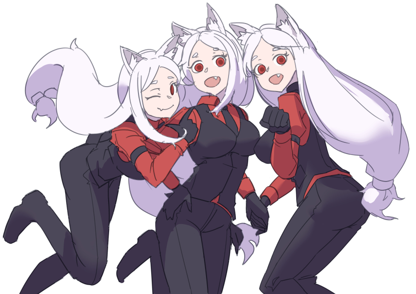 3girls absurdres animal_ear_fluff animal_ears black_gloves black_pants black_shoes black_suit cerberus_(helltaker) closed_mouth dog_ears dog_girl fang formal_clothes gloves helltaker highres long_hair looking_at_viewer multiple_girls one_eye_closed pants ponytail red_eyes red_shirt serelith shirt shoes siblings sidelocks sisters skin_fang smile suit triplets white_hair