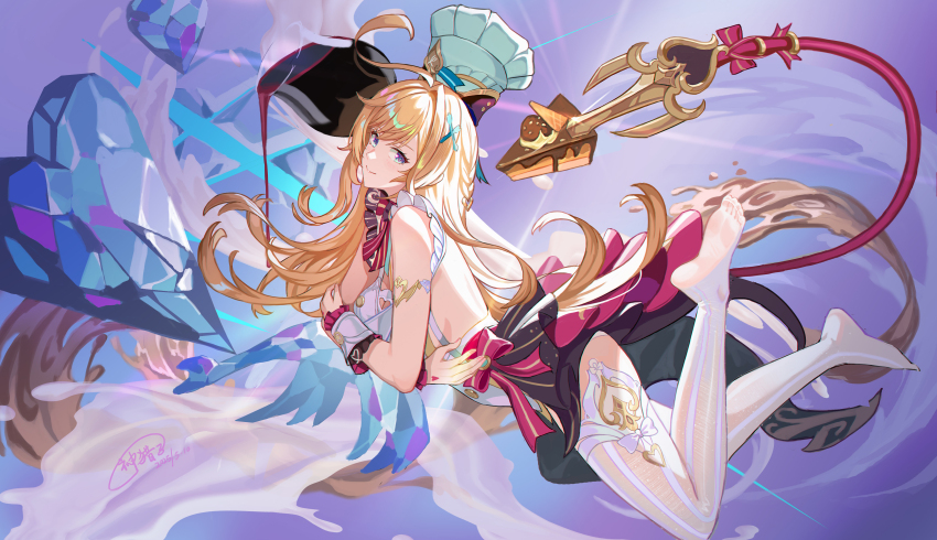 1girl absurdres back bare_shoulders blonde_hair blue_eyes cake cake_slice chef chef_hat closed_mouth commentary_request cosplay cowlick dated dress escoffier_(genshin_impact) food frills from_side genshin_impact god_hunter hair_ornament hat heart heart_in_eye high-low_skirt highres ice_crystal knife_hair_ornament long_hair lying mechanical_tail on_stomach pouring signature smile solo symbol_in_eye tail thighhighs toes white_dress white_hat wrist_cuffs x_hair_ornament