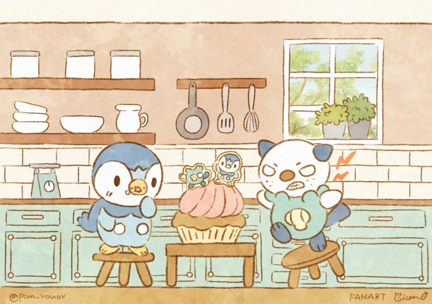 angry artist_name blank_eyes bowl cabinet cake clenched_teeth commentary_request counter day drawer eating flower_pot food food_on_face frying_pan game_freak gen_4_pokemon gen_5_pokemon hand_up highres indoors jar kitchen kitchen_scale mian_(user_kwcj2833) nintendo no_humans open_mouth oshawott piplup pitcher_(container) plant pokemon pokemon_(creature) potted_plant shelf signature solid_oval_eyes spatula stool table teeth tree twitter_username utensil_rack v-shaped_eyebrows weighing_scale whisk window