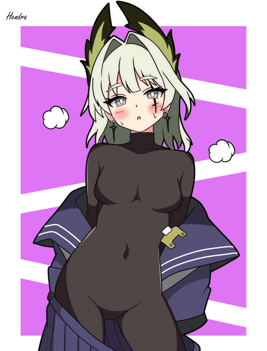 1girl absurdres arknights artist_name black_bodysuit black_outline blush bodysuit border breasts breath bright_pupils clothes_down commentary_request contrapposto covered_navel cowboy_shot earrings grey_eyes groin hair_intakes hendra highres hot irene_(arknights) irene_(the_adjudicatrix_and_her_resolve)_(arknights) jewelry looking_at_viewer medium_breasts medium_hair official_alternate_costume open_mouth outline outside_border partial_commentary purple_background scar scar_across_eye scar_on_face signature simple_background solo standing sweat white_border white_hair white_pupils