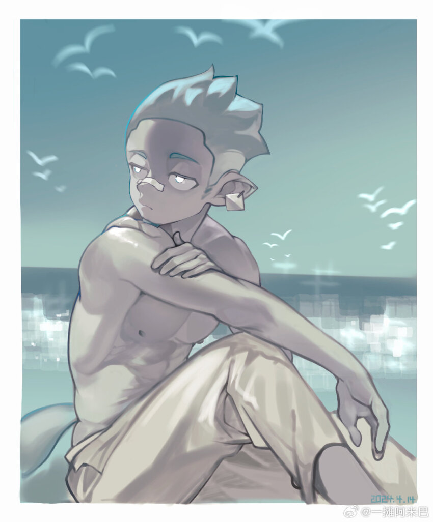 1boy abs arknights bird chameleon_boy chameleon_tail chinese_commentary closed_mouth commentary_request dated ethan_(arknights) facial_hair goatee half-closed_eyes highres looking_to_the_side male_focus muscular muscular_male nipples ocean pants pectorals pointy_ears sitting tail topless_male watermark weibo_watermark white_pants yi_tan_a_mi_ba