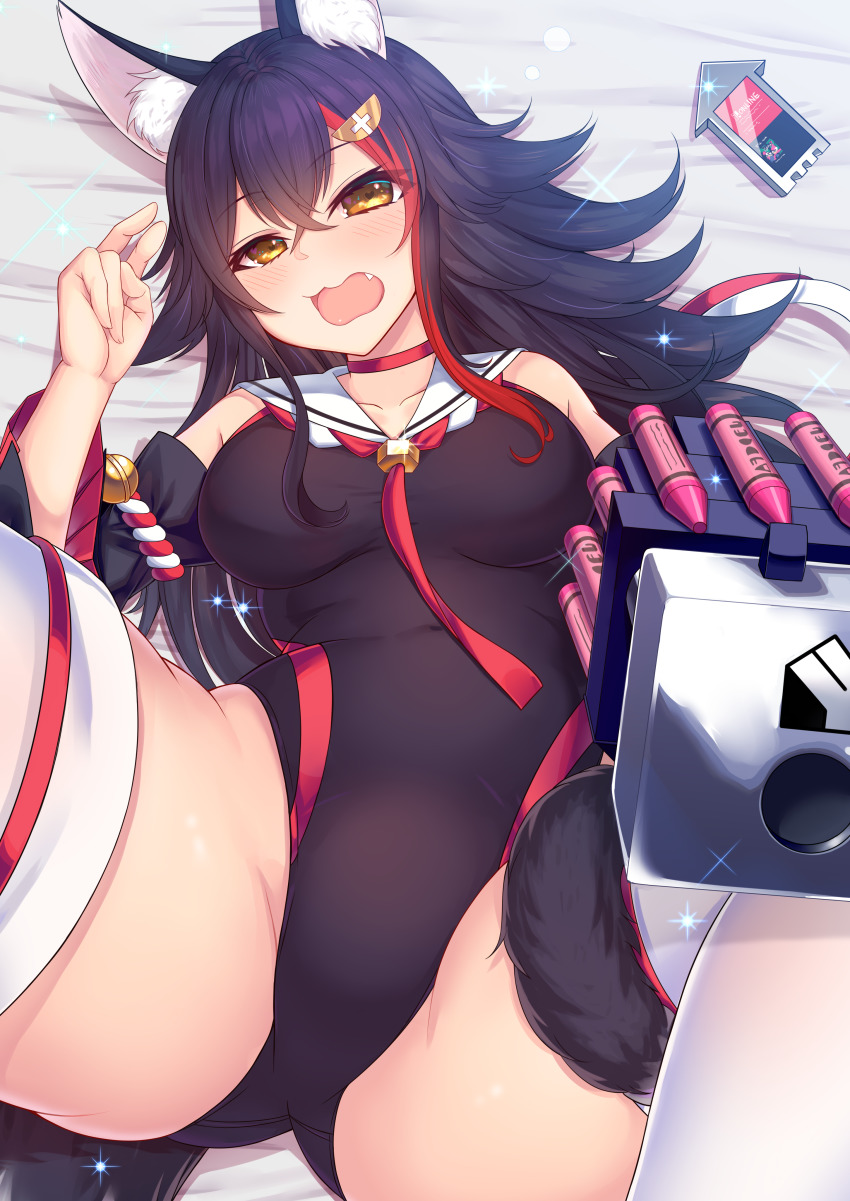 1girl absurdres animal_ears ass black_hair blush breasts cellphone competition_swimsuit crayon d: detached_sleeves fang gluteal_fold hair_ornament hairclip highleg highres hololive long_hair looking_at_viewer lying medium_breasts multicolored_hair on_back one-piece_swimsuit ookami_mio ookami_mio_(1st_costume) open_mouth phone solo spread_legs streaked_hair swimsuit tail virtual_youtuber white_legwear wolf_ears wolf_tail yellow_eyes yoshiheihe
