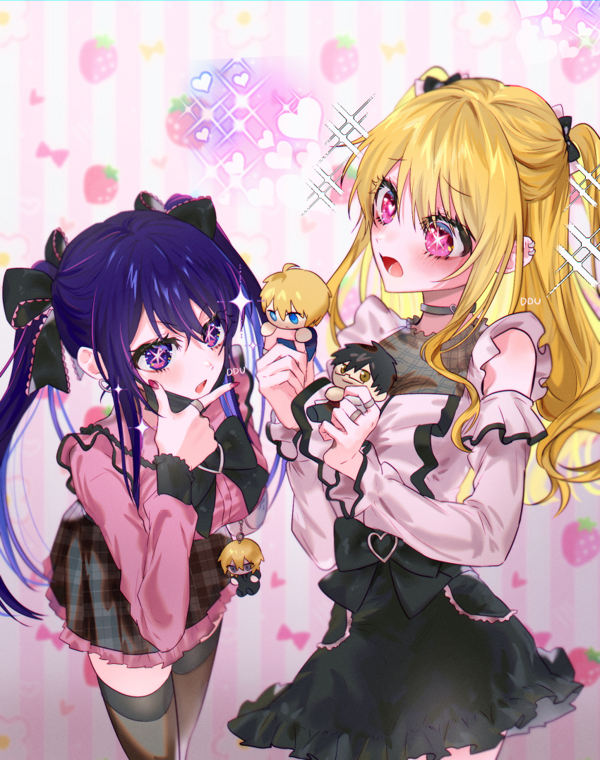 2girls alternate_costume alternate_hairstyle amamiya_gorou artist_name black_bow black_bowtie black_choker black_mask black_skirt black_thighhighs blonde_hair blush bow bowtie breasts character_doll choker clothing_cutout commentary_request ddu_45 ear_piercing earrings film_grain frilled_skirt frills hair_bow hand_on_own_chin heart heart-shaped_pupils highres hoshino_ai hoshino_aquamarine hoshino_ruby jewelry jirai_kei kamiki_hikaru korean_commentary long_hair long_sleeves looking_at_another mask mask_pull medium_breasts mismatched_pupils mouth_mask multicolored_hair multiple_girls multiple_rings nail_polish open_mouth oshi_no_ko piercing pink_background pink_eyes pink_hair pink_nails pink_shirt plaid_clothes plaid_skirt ponytail purple_eyes purple_hair ring shirt shoulder_cutout sidelocks skirt sparkle star-shaped_pupils star_(symbol) streaked_hair symbol-shaped_pupils teeth thighhighs two_side_up upper_teeth_only zettai_ryouiki