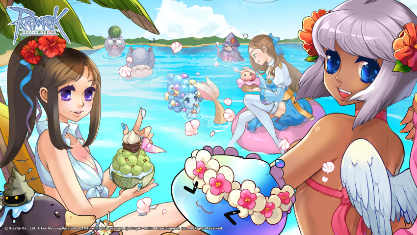 5girls :3 aqua_(ragnarok_online) arch_bishop_(ragnarok_online) back beach bikini bird blacksmith_(ragnarok_online) blue_bow blue_dress blue_eyes blue_skin blue_sky bow breasts brown_hair cleavage cleavage_cutout clothing_cutout cloud colored_skin copyright_notice cornutus crop_top cross dark-skinned_female dark_skin darkirin dress feathered_wings flower food fruit galapago_(ragnarok_online) galapagos_penguin hair_bow hair_flower hair_ornament highres ice_cream juliet_sleeves logo long_hair long_sleeves looking_at_viewer marin_(ragnarok_online) medium_breasts melon mermaid monster_girl multiple_girls ocean official_art official_wallpaper open_mouth outdoors penguin petals pink_bikini puffy_sleeves purple_eyes purple_innertube ragnarok_online red_flower sash seal_(ragnarok_online) sedora shirt short_hair sidelocks sky slime_(creature) smile swimsuit teeth thighhighs tied_shirt two-tone_dress upper_body upper_teeth_only wanderer_(ragnarok_online) water white_dress white_flower white_shirt white_thighhighs white_wings wings yellow_sash