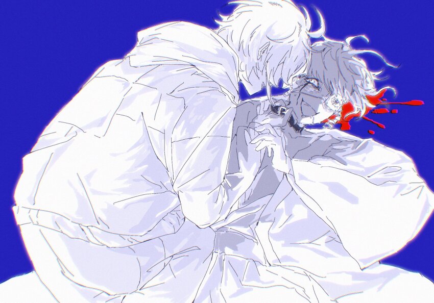 2boys ahoge blood blue_background collar drooling eyepatch highres limited_palette looking_at_another male_focus messy_hair multiple_boys omokage_yugamu open_mouth saliva simple_background sitting sitting_on_person sumino_takumi the_hundred_line_-last_defense_academy- yaoi