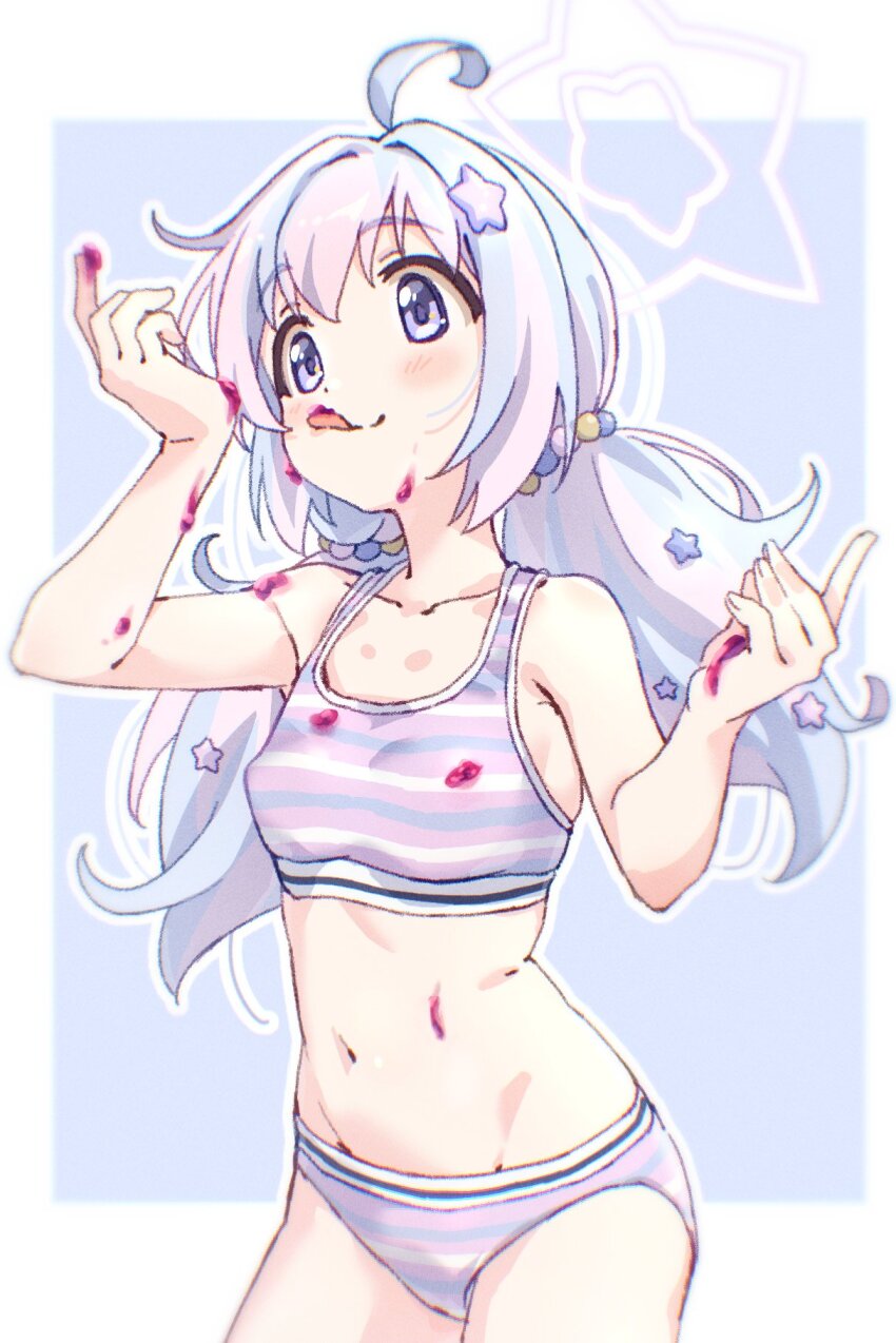 1girl ahoge blue_archive blue_background blush bra breasts collarbone commentary_request covered_erect_nipples cowboy_shot dot_nose food food_on_clothes food_on_face food_on_hand hair_between_eyes hair_bobbles hair_ornament halo hands_up highres jam karahai_(31448823) long_hair low_twintails matching_underwear multicolored_hair navel panties pink_bra pink_hair pink_panties purple_eyes purple_hair reisa_(blue_archive) sidelocks small_breasts smile solo star_(symbol) star_hair_ornament stomach striped_bra striped_clothes striped_panties thighs tongue tongue_out training_bra twintails two-tone_hair underwear