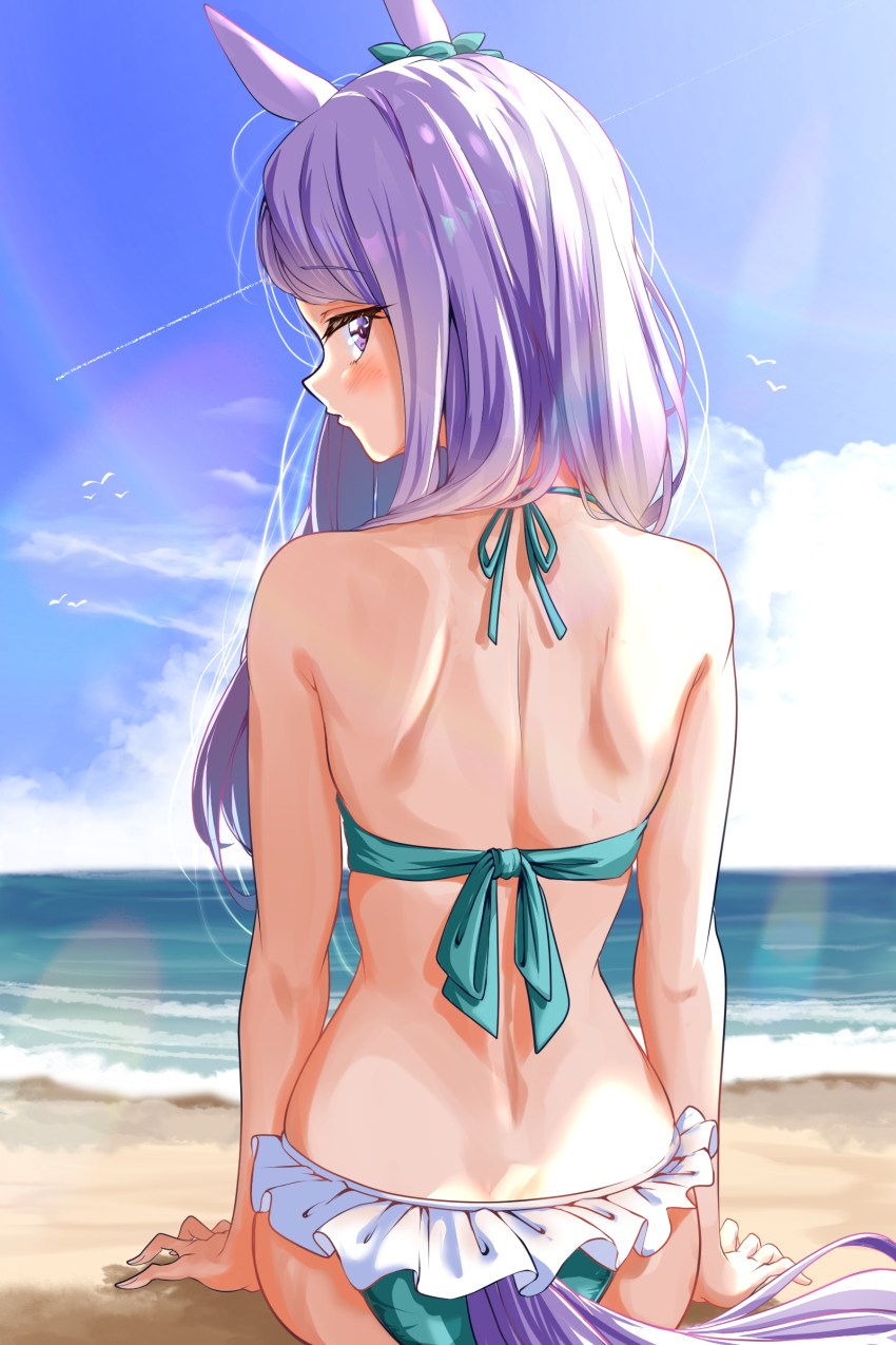1girl absurdres animal_ears beach bikini blue_sky cloud day from_behind highres horse_ears horse_girl horse_tail kakikakilemon long_hair looking_at_viewer looking_back mejiro_mcqueen_(ripple_fairlady)_(umamusume) mejiro_mcqueen_(umamusume) ocean official_alternate_costume outdoors purple_eyes purple_hair sand sitting sky solo swimsuit tail umamusume