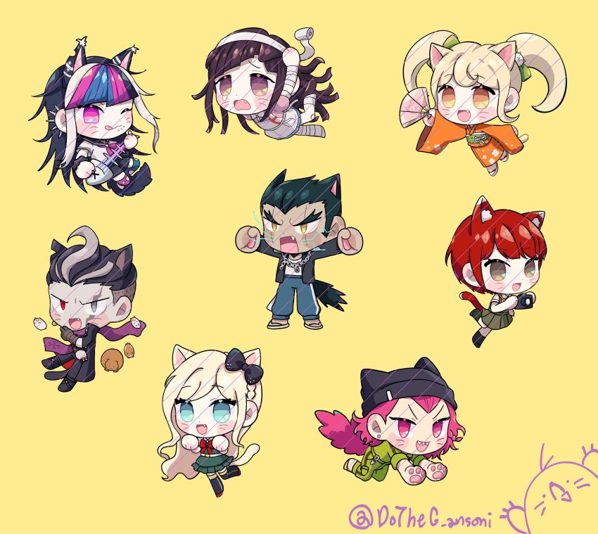 3boys 5girls :d :q absurdres animal animal_ears apron artist_name bandaged_arm bandages bandaid bandaid_on_knee bandaid_on_leg black_hair black_headwear black_skirt blonde_hair blue_hair blush blush_stickers bow bowtie camera cat-tail cat_boy cat_ears cat_girl cat_hair_ornament cham-p danganronpa_(series) danganronpa_2:_goodbye_despair dudeoji_(dotheg_ansoni) ear_piercing earrings facial_mark fang fish green_bow green_thighhighs grey_eyes grey_hair hair_bow hair_ornament hamster heterochromia highres holding holding_camera jacket japanese_clothes jewelry jum-p jumpsuit kemonomimi_mode kimono koizumi_mahiru long_hair long_sleeves looking_at_viewer maga-g medium_hair mioda_ibuki multicolored_hair multiple_boys multiple_girls necktie nidai_nekomaru one_eye_closed open_clothes open_jacket open_mouth orange_eyes pants piercing pink_hair pink_shirt pink_thighhighs red_bow red_bowtie red_eyes red_hair saionji_hiyoko shirt short_hair short_sleeves simple_background skirt smile sonia_nevermind soda_kazuichi sun-d tanaka_gundham thighhighs tongue tongue_out torn_clothes torn_thighhighs tsumiki_mikan twintails two-tone_hair whisker_markings