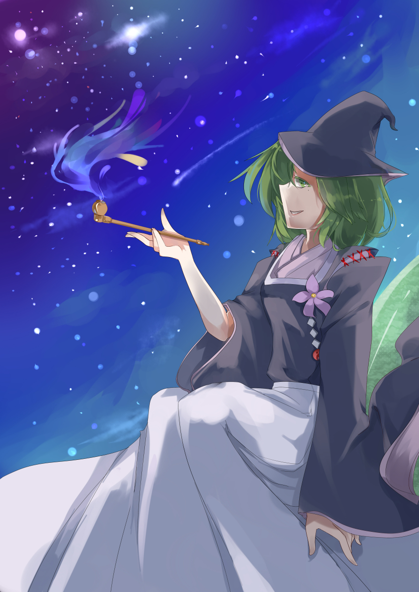 1girl abe_no_kiyohime absurdres bad_anatomy flower ghost_tail green_eyes green_hair hat highres japanese_clothes kariginu long_skirt night night_sky open_mouth original riverbed_soul_saver sitting skirt sky smile touhou