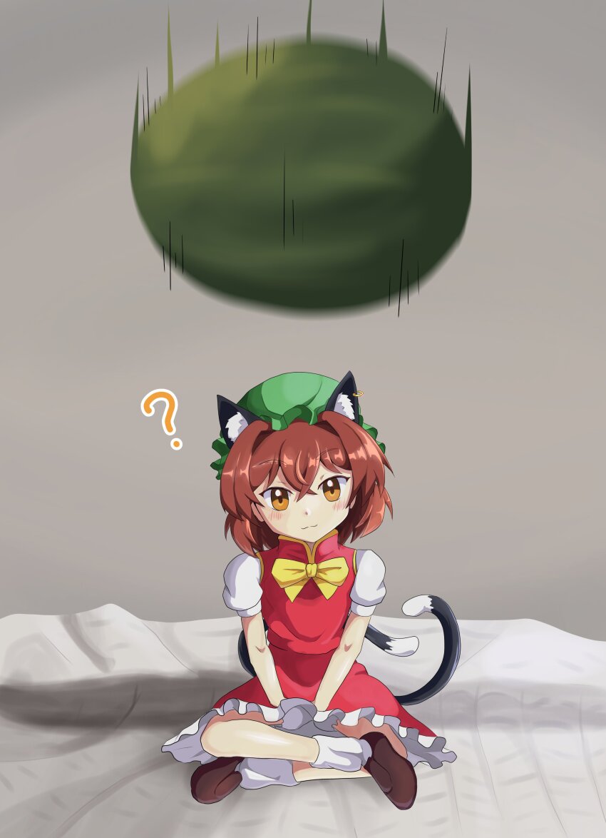 1girl :3 ? absurdres animal_ear_fluff animal_ear_piercing animal_ears blush bow bowtie brown_eyes brown_hair cat_ears cat_tail chen crossed_bangs earrings food frills fruit full_body hair_between_eyes hat head_tilt highres jewelry looking_at_viewer mob_cap motion_blur motion_lines multiple_tails nekomata petticoat puffy_short_sleeves puffy_sleeves red_skirt red_vest shadow short_hair short_sleeves single_earring sitting skirt skirt_set solo tail toogeruu touhou two_tails v_arms vest watermelon yellow_bow yellow_bowtie