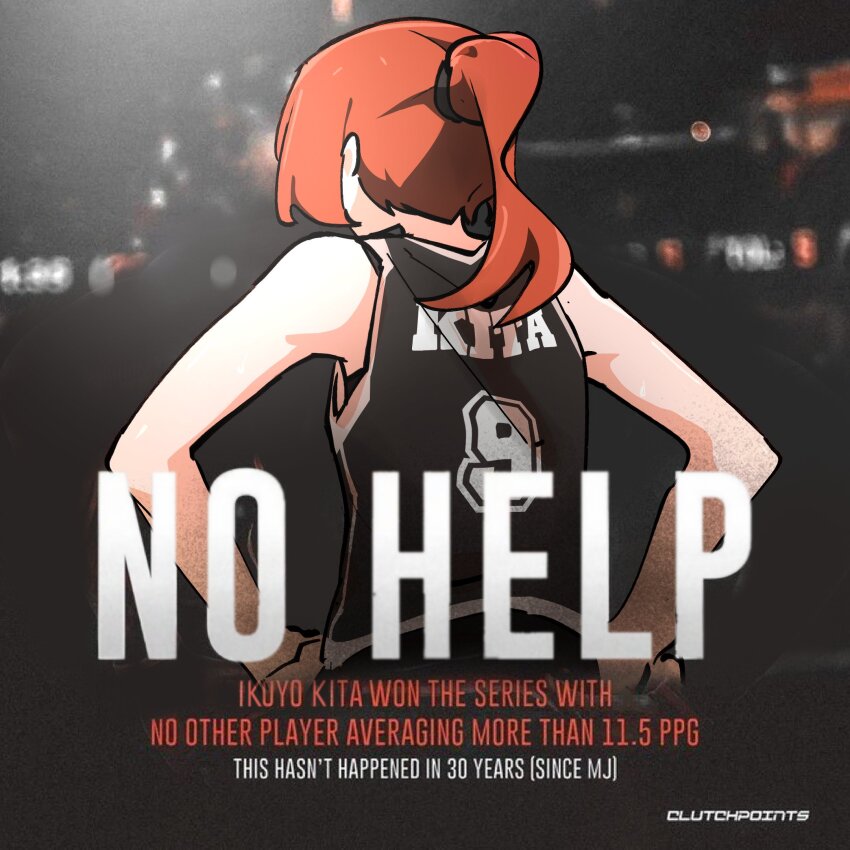 1girl bare_shoulders basketball_jersey bocchi_the_rock! english_text from_behind hands_on_own_hips hashtag-only_commentary highres kita_ikuyo lebron_james lmaoartlmao parody ponytail red_hair solo