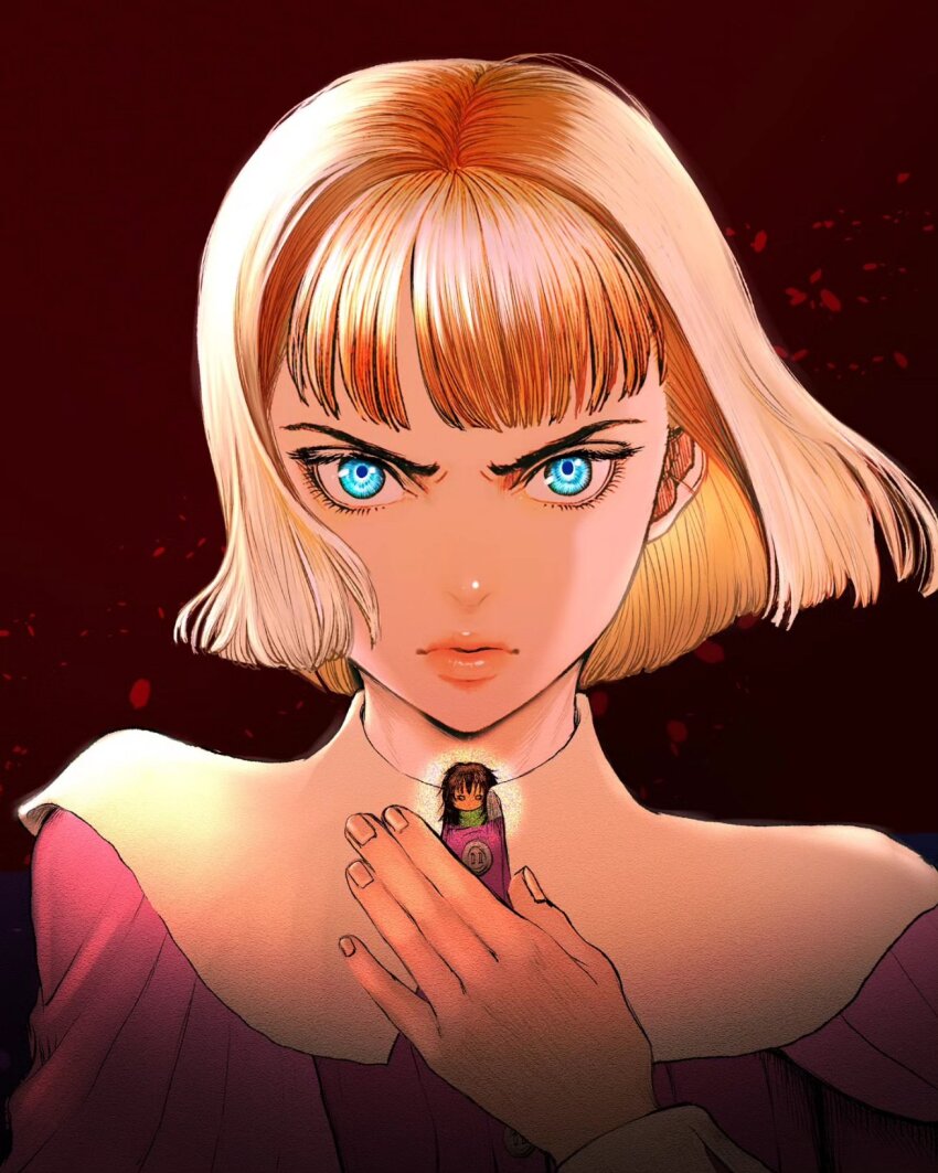 1girl berserk blonde_hair blue_eyes commentary_request eyelashes farnese_(berserk) hair_intakes highres nisino2222 pink_lips portrait serious solo v-shaped_eyebrows