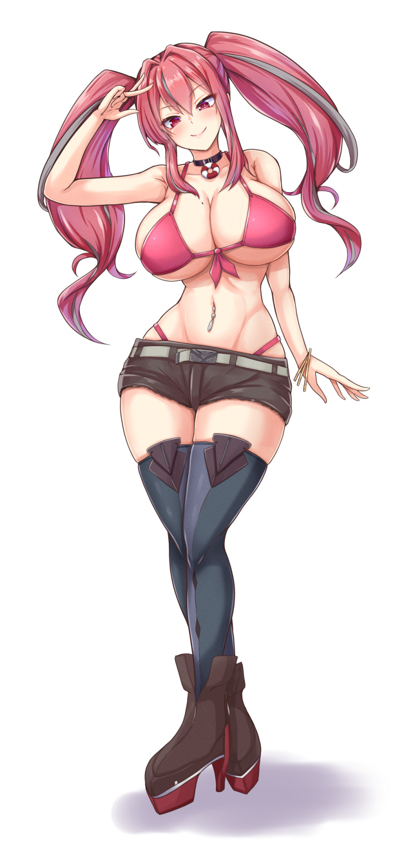 1girl ankle_boots arm_up azur_lane bare_shoulders belt bikini black_boots black_choker black_shorts blue_thighhighs boots bracelet breasts bremerton_(azur_lane) choker cleavage closed_mouth collarbone commentary_request crossed_legs front-tie_bikini_top front-tie_top full_body grey_belt grey_hair grey_thighhighs hair_between_eyes hair_intakes head_tilt high_heel_boots high_heels highleg highleg_bikini highres jewelry large_breasts lifebuoy_ornament long_hair looking_at_viewer mole mole_on_breast multicolored_hair navel navel_piercing obliques piercing pink_bikini pink_eyes pink_hair short_shorts shorts sidelocks simple_background skindentation smile solo standing stomach streaked_hair swimsuit thighhighs twintails two-tone_hair two-tone_legwear v watson_cross white_background yotunoha