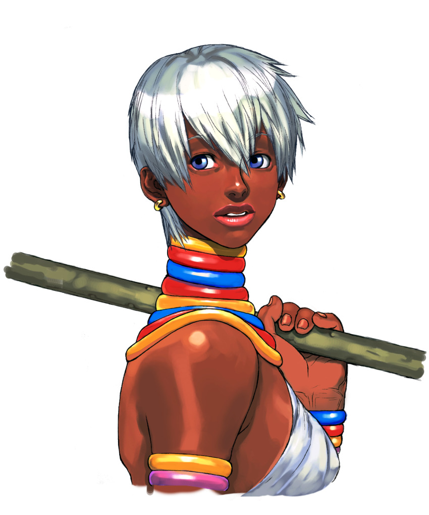 1girl armlet bikini blue_eyes bracelet breasts dark-skinned_female dark_skin earrings elena_(street_fighter) highres ikeno_daigo jewelry lips medium_breasts neck_ring portrait short_hair solo staff street_fighter street_fighter_iii_(series) swimsuit toned toned_female very_dark_skin white_hair