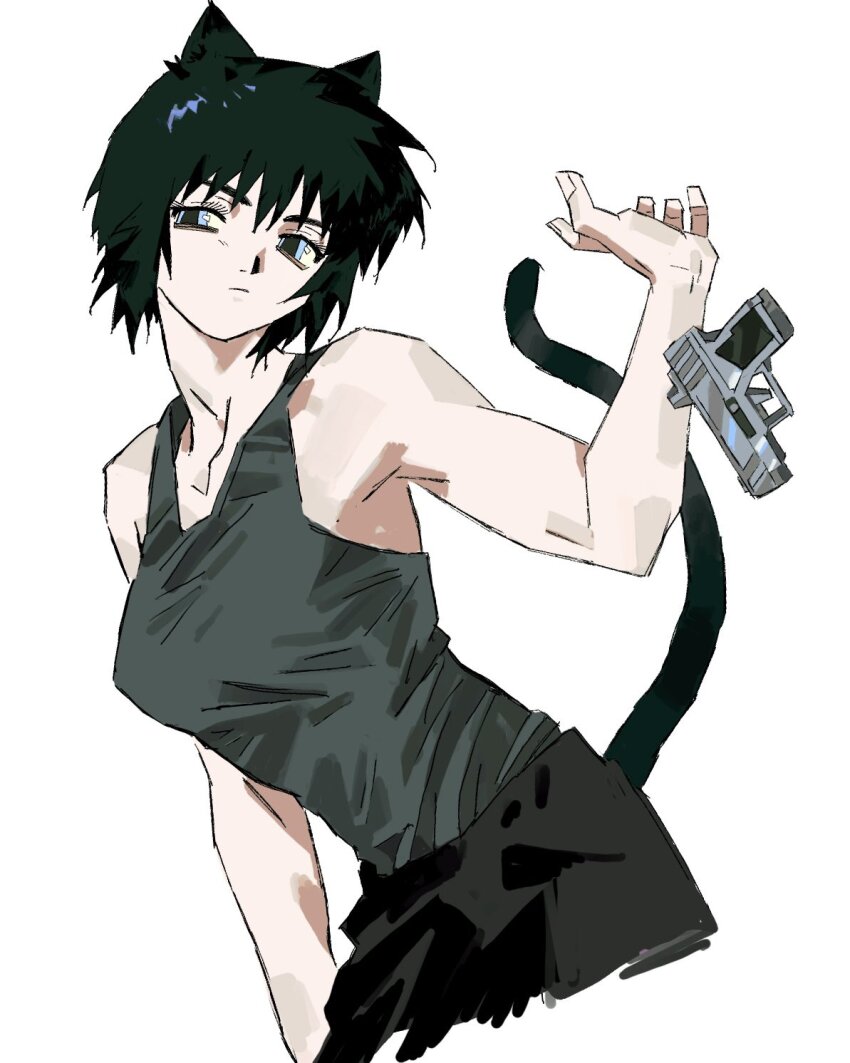 black_hair black_singlet cape cat_girl cat_tail dropping ghost_in_the_shell gun handgun highres kusanagi_motoko medium_hair northdiiiio singlet tail weapon