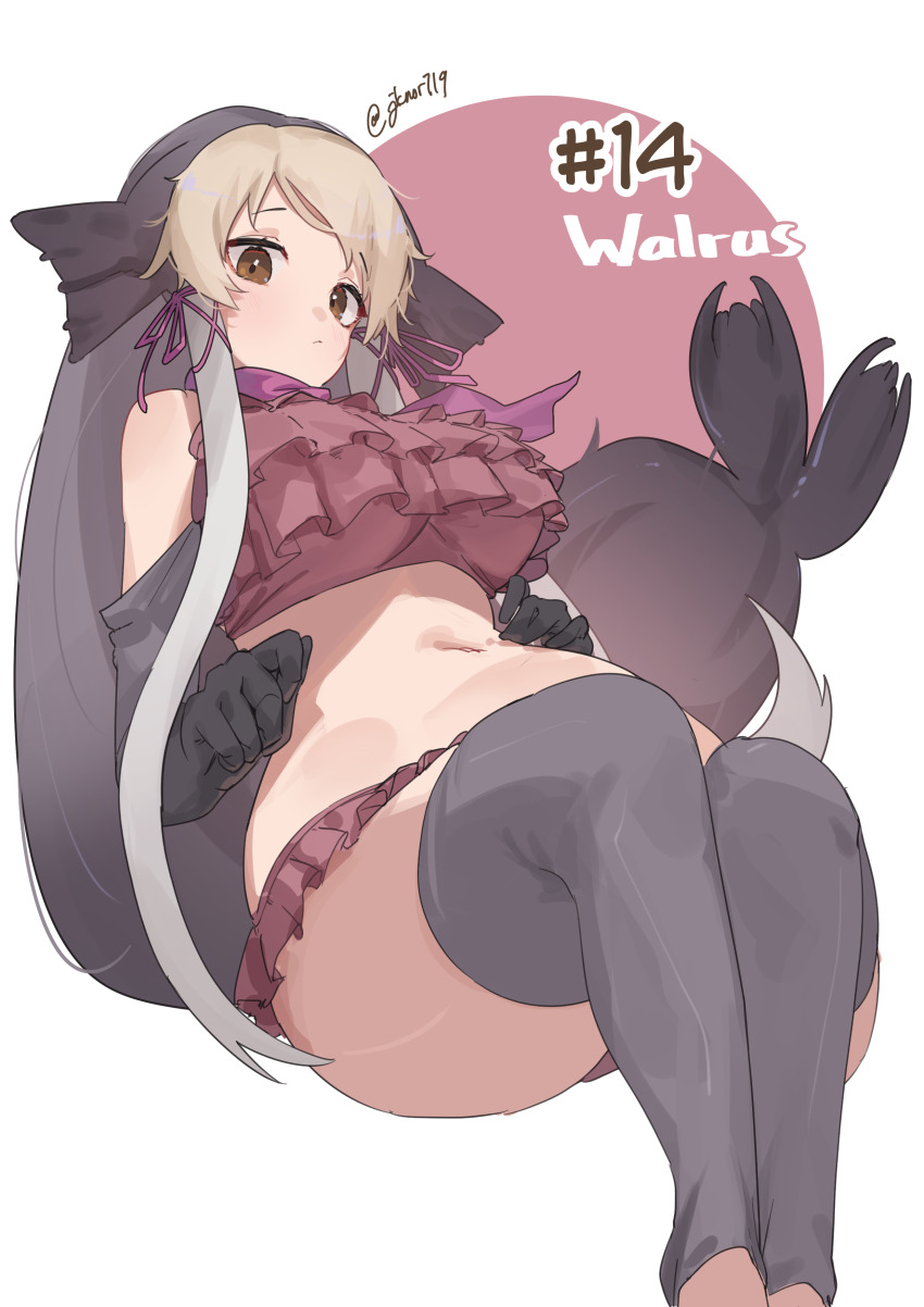 1girl absurdres bare_shoulders bikini blonde_hair blush brown_eyes elbow_gloves fins frilled_bikini frills gloves grey_gloves grey_hair grey_thighhighs head_fins highres jknor kemono_friends long_hair looking_at_viewer midriff multicolored_hair navel pink_bikini sidelocks solo swimsuit thighhighs toeless_legwear walrus_(kemono_friends) white_hair